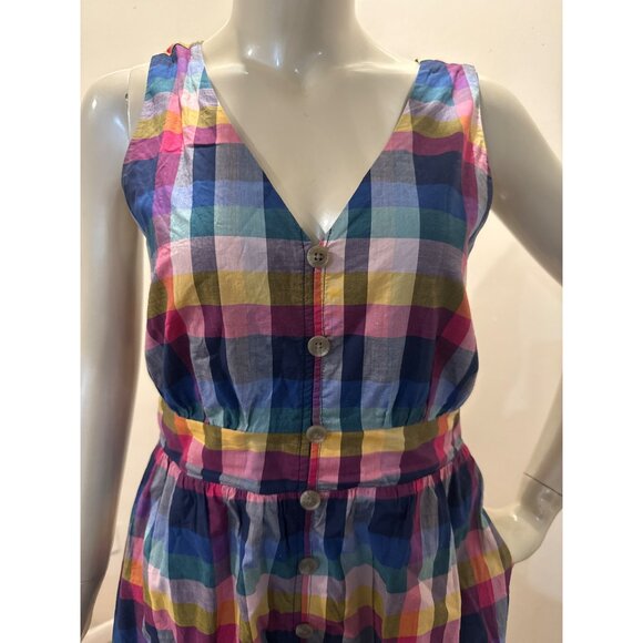 J Crew Colorful Plaid Button-Up Sleeveless V-neck Dress Pockets & Elastic Waist - Picture 2 of 8